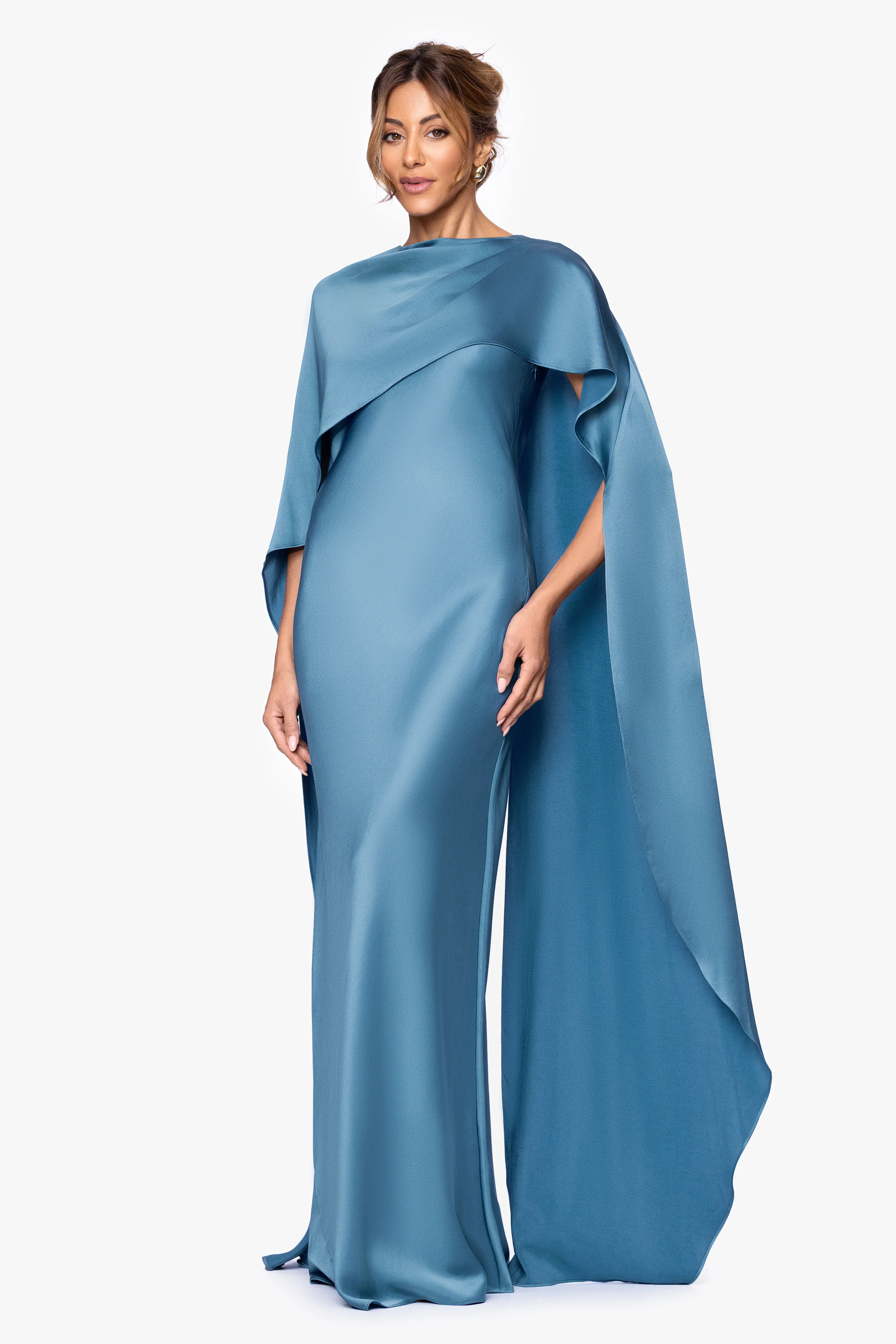 "Tallulah" Satin Overlay Cape Floor Length Dress - Image 9