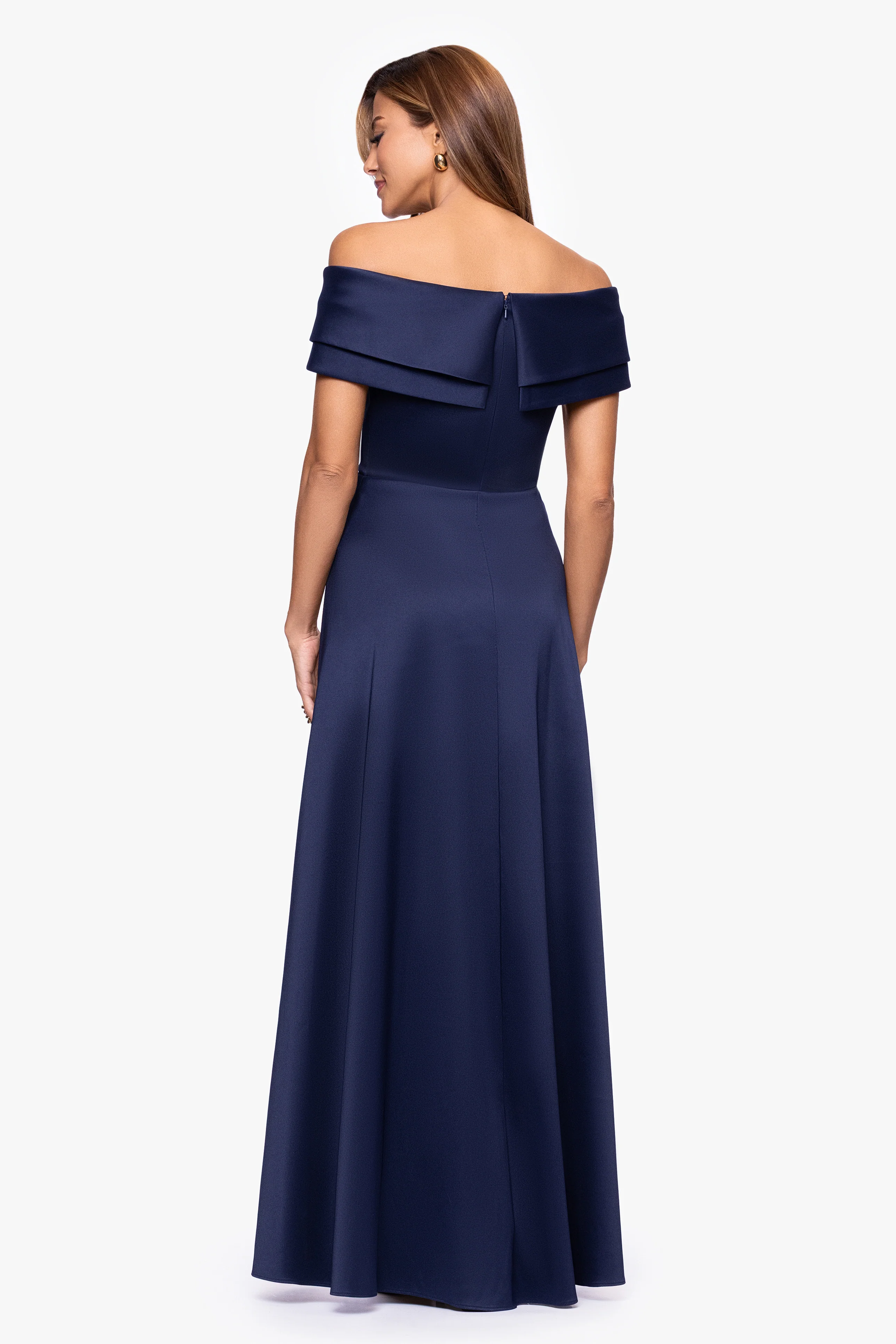 "Tina" Mikado Off the Shoulder Overlay Floor Length Dress - Image 3