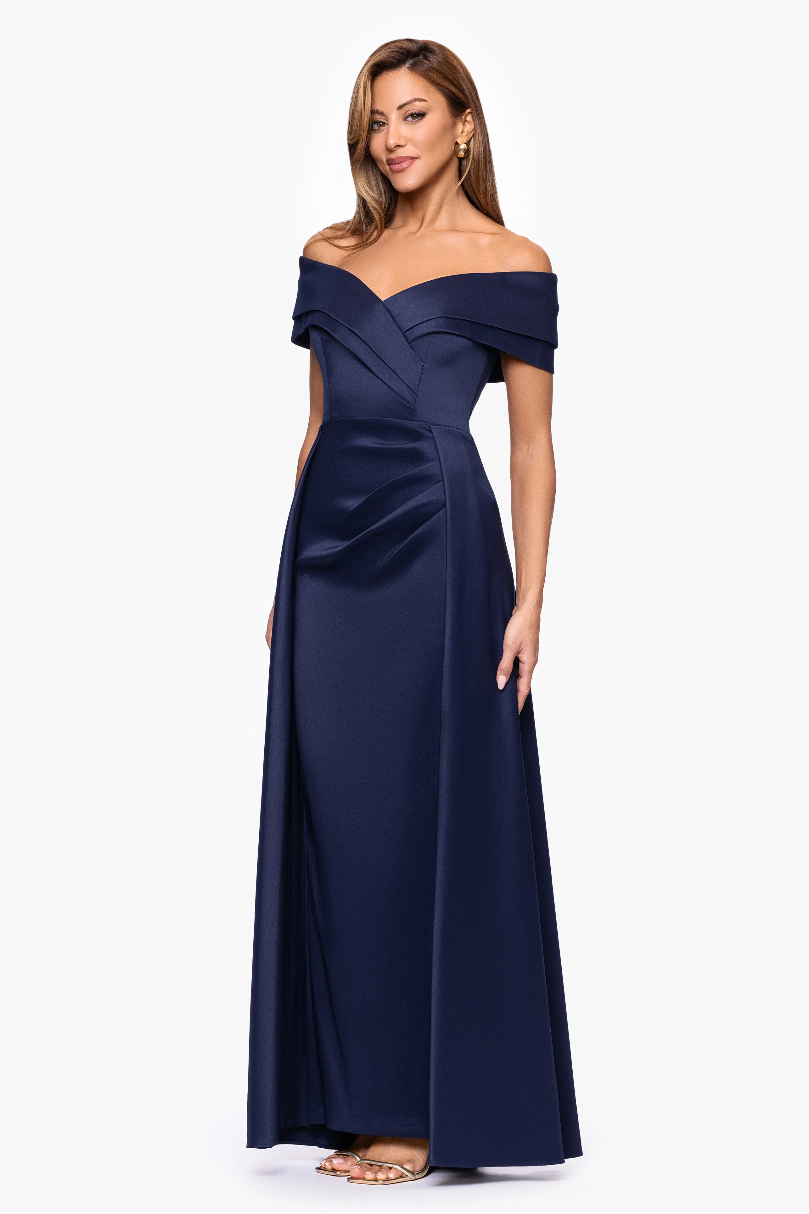 "Tina" Mikado Off the Shoulder Overlay Floor Length Dress - Image 4