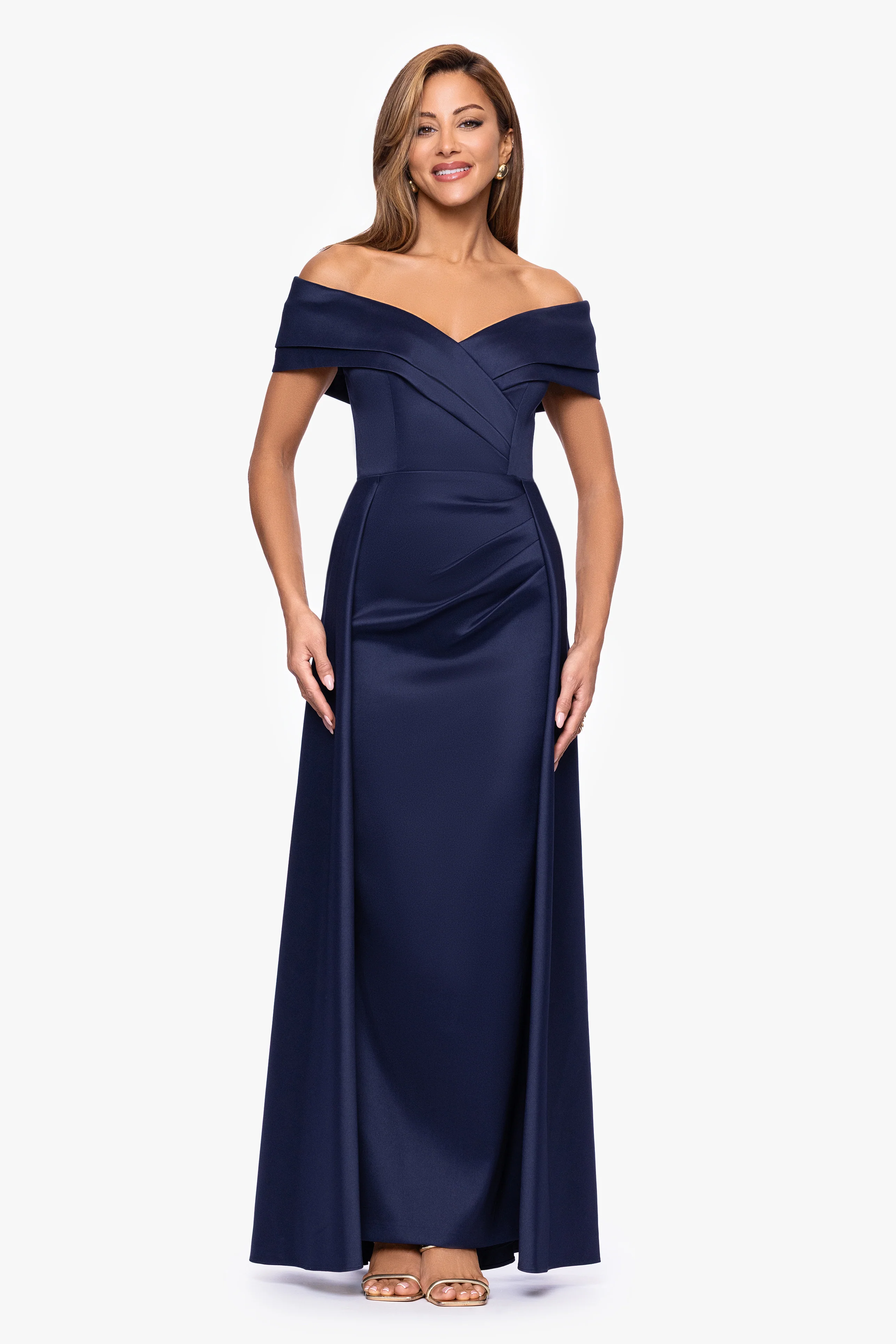 "Tina" Mikado Off the Shoulder Overlay Floor Length Dress - Image 5